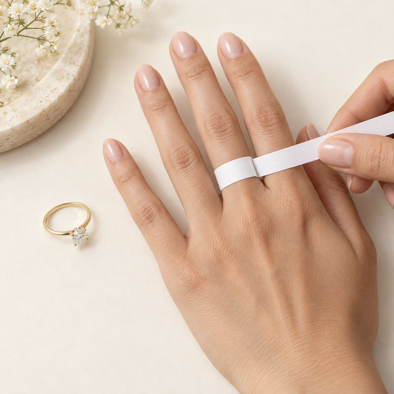 Measuring a finger with a paper strip to find ring size